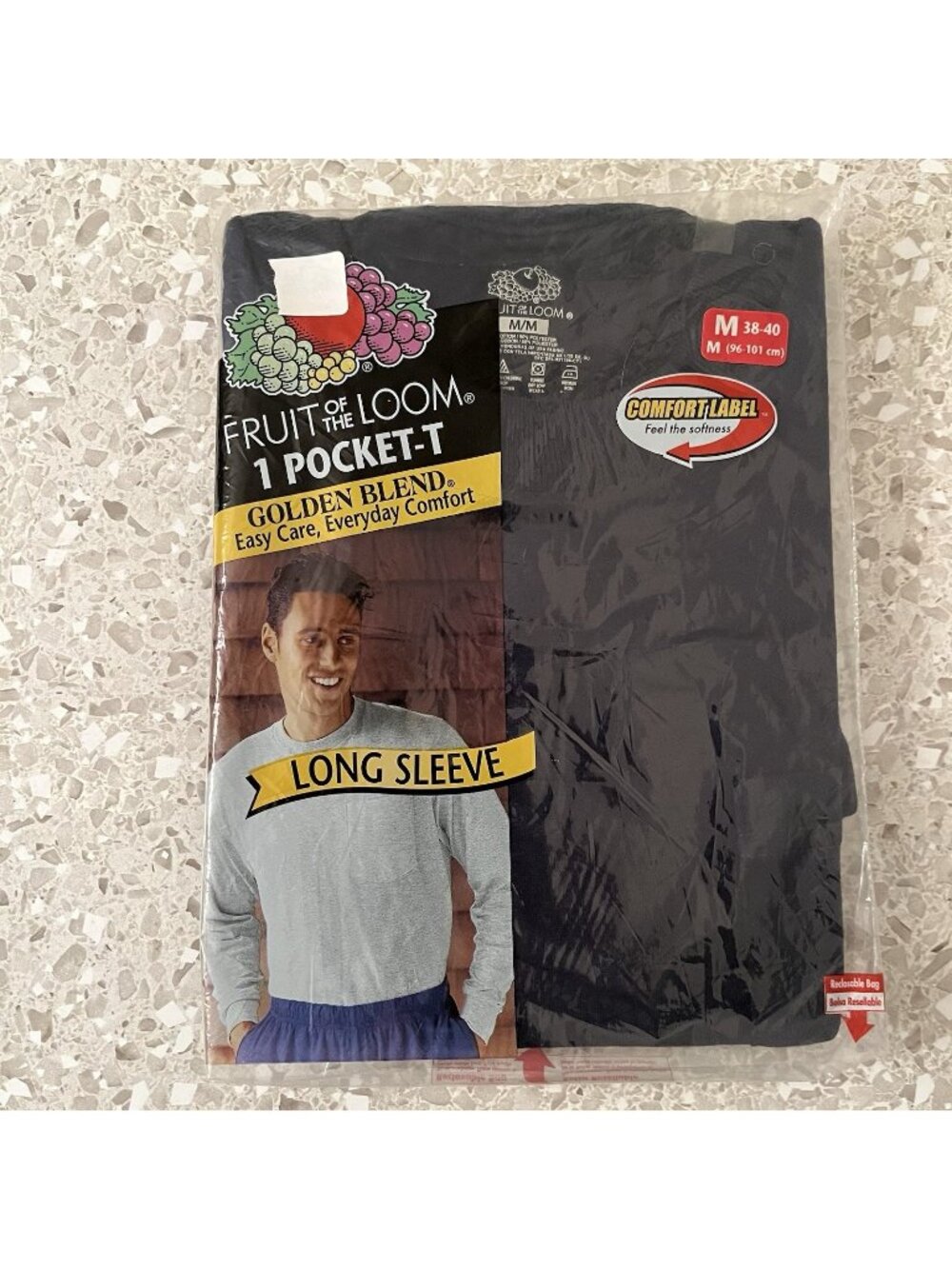 Vintage Fruit of the Loom Long Sleeve 1 Pocket-T Golden Blend Mens M Black NEW